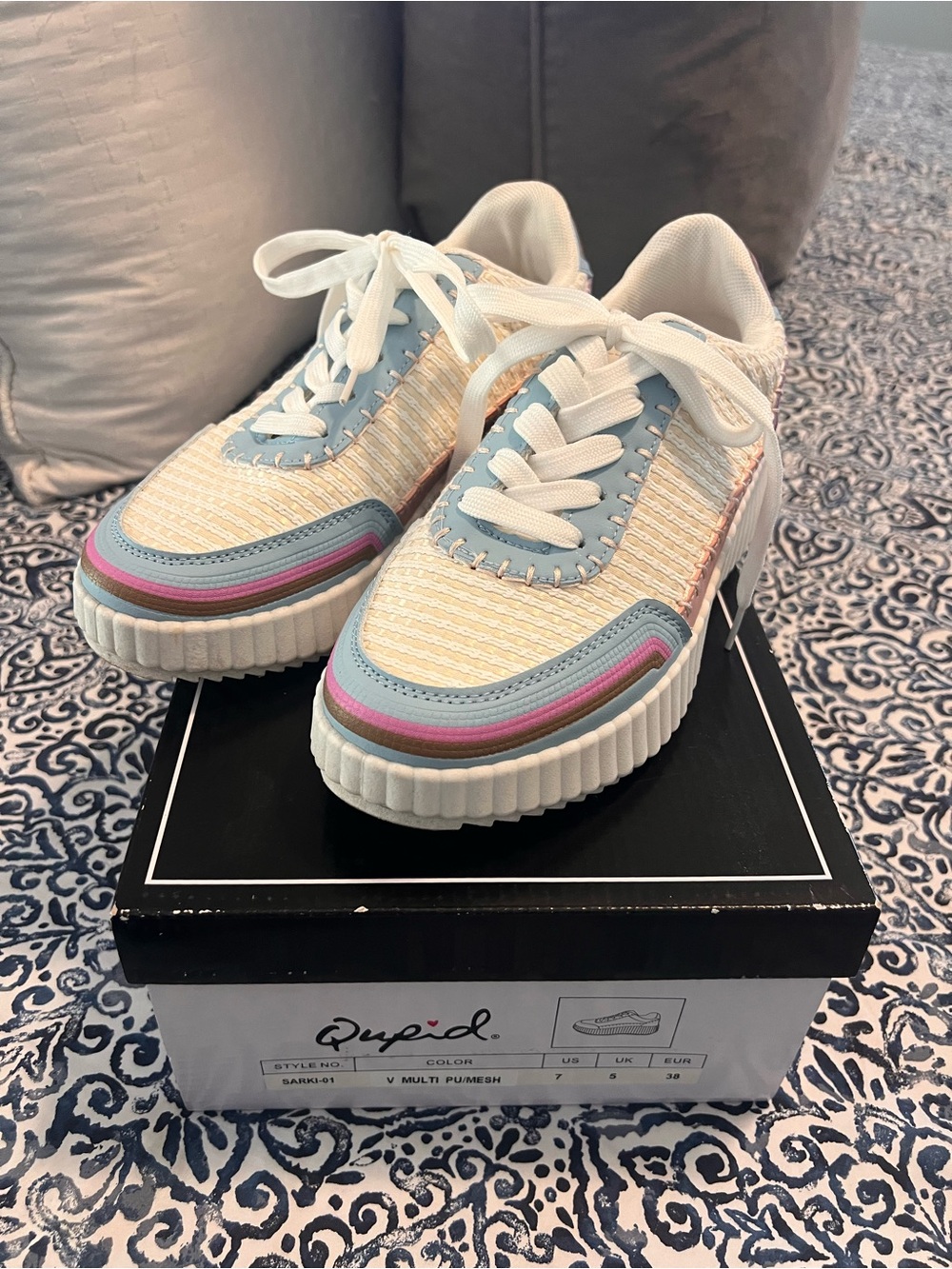 Qupid Women's White Platform Sneakers with Blue and Pink Trim